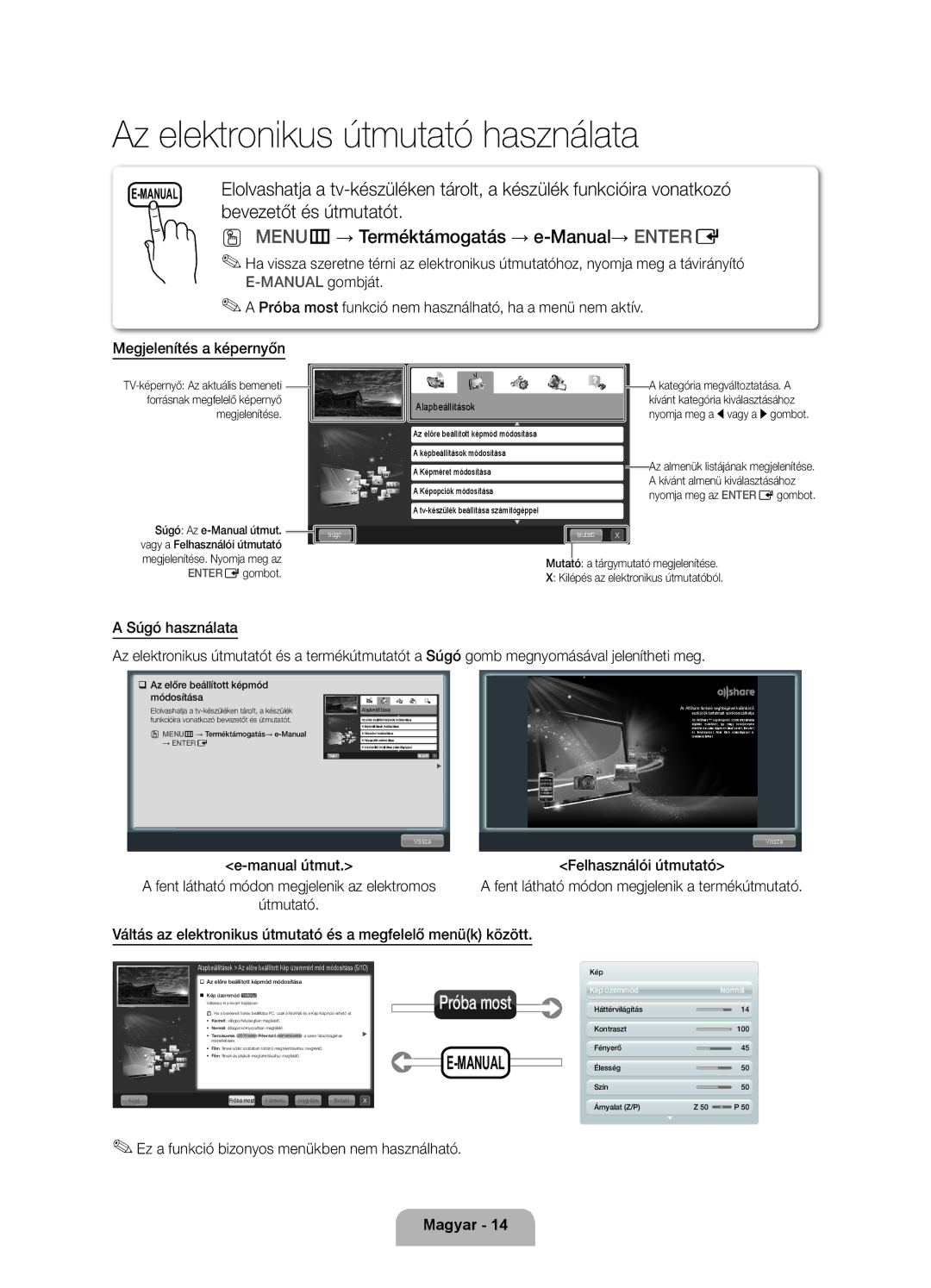 Samsung UE40D6000TWXXH manual Bevezetőt és útmutatót, MENUm→ Terméktámogatás → e-Manual→ Entere, Próba most 