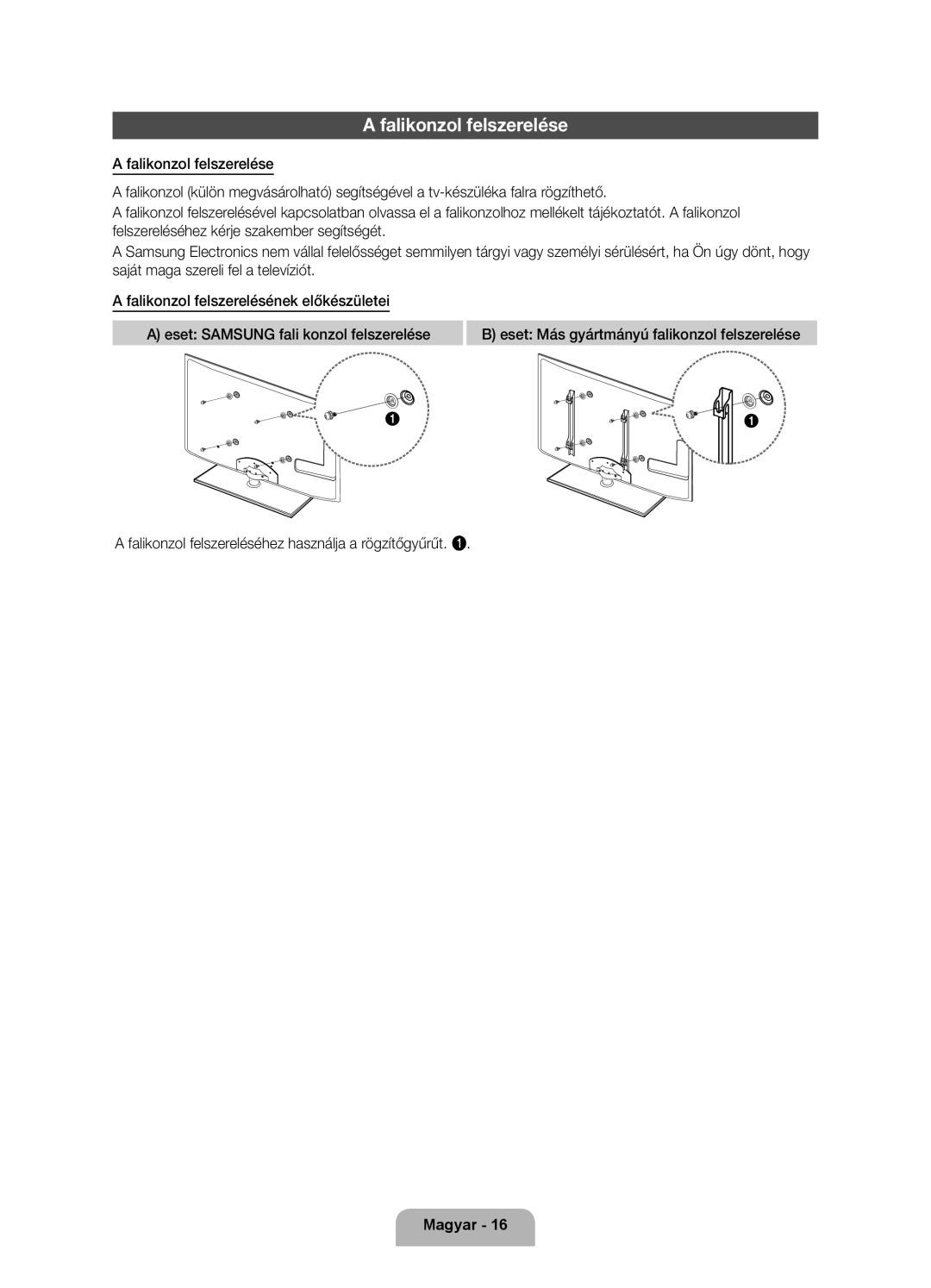 Samsung UE40D6000TWXXH manual Falikonzol felszerelése 