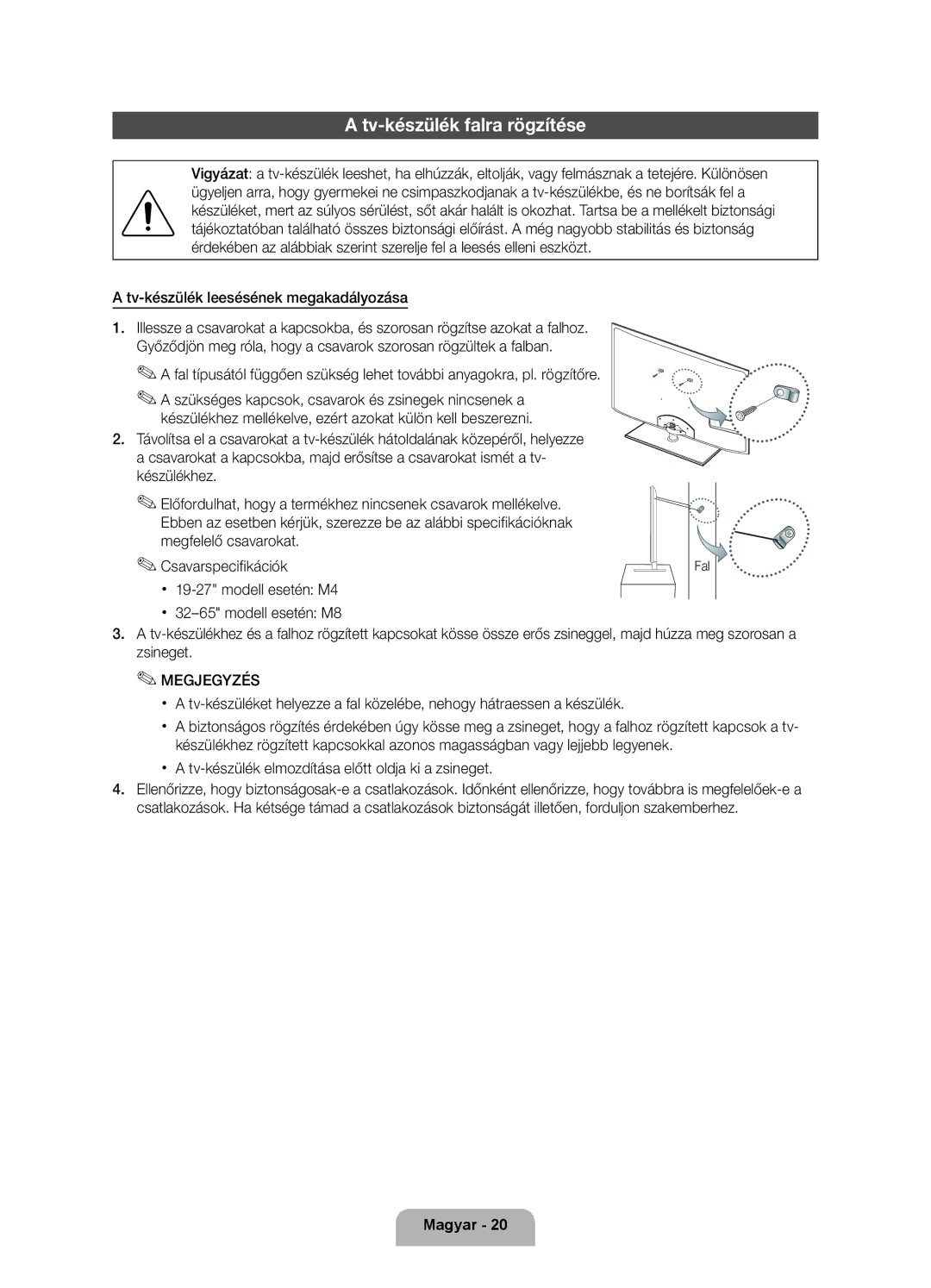 Samsung UE40D6000TWXXH manual Tv-készülék falra rögzítése, Tv-készülék leesésének megakadályozása, Fal 