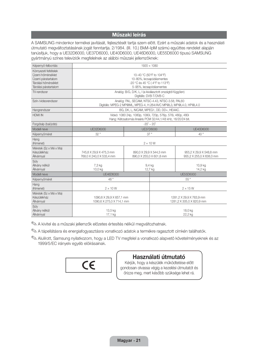 Samsung UE40D6000TWXXH manual Műszaki leírás, Kérjük, hogy a készülék működtetése előtt 