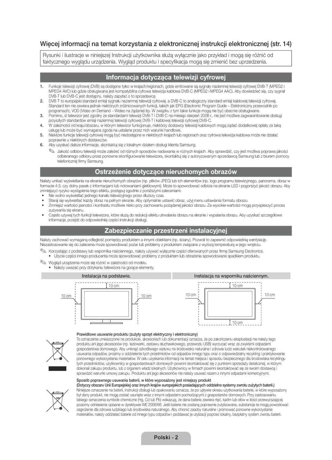 Samsung UE40D6000TWXXH manual Informacja dotycząca telewizji cyfrowej, Ostrzeżenie dotyczące nieruchomych obrazów 