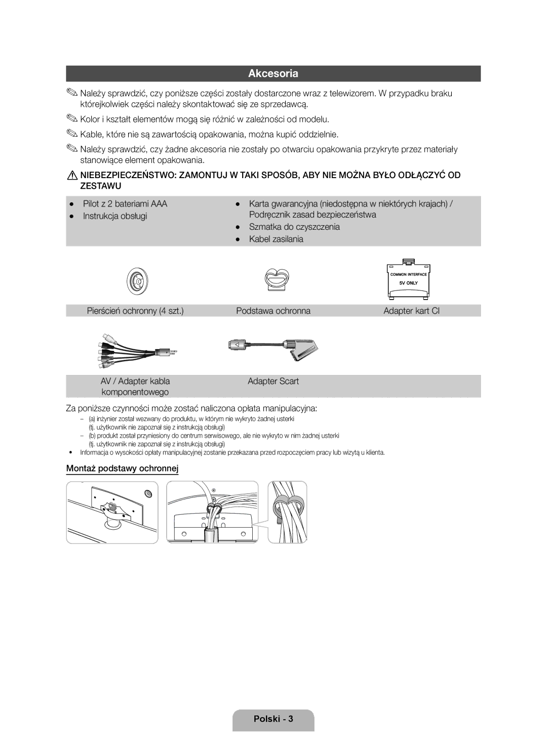 Samsung UE40D6000TWXXH manual Akcesoria, AV / Adapter kabla, Montaż podstawy ochronnej, Adapter kart CI, Adapter Scart 