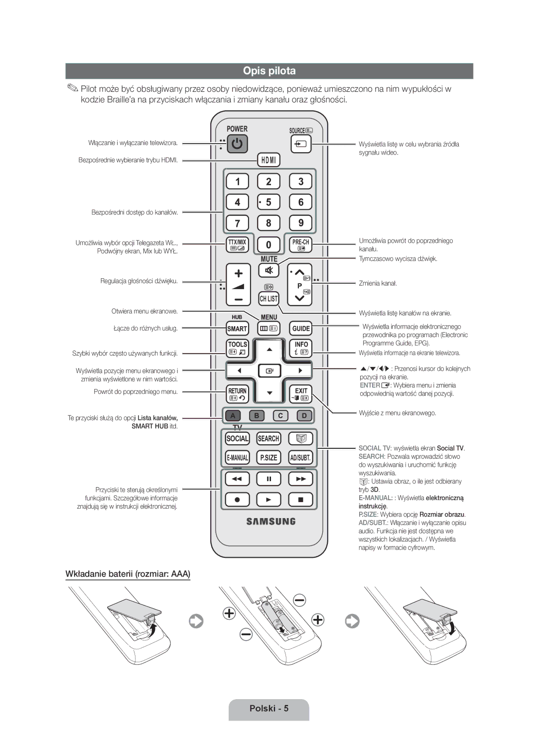 Samsung UE40D6000TWXXH manual Opis pilota, Wkładanie baterii rozmiar AAA, Powrót do poprzedniego menu 