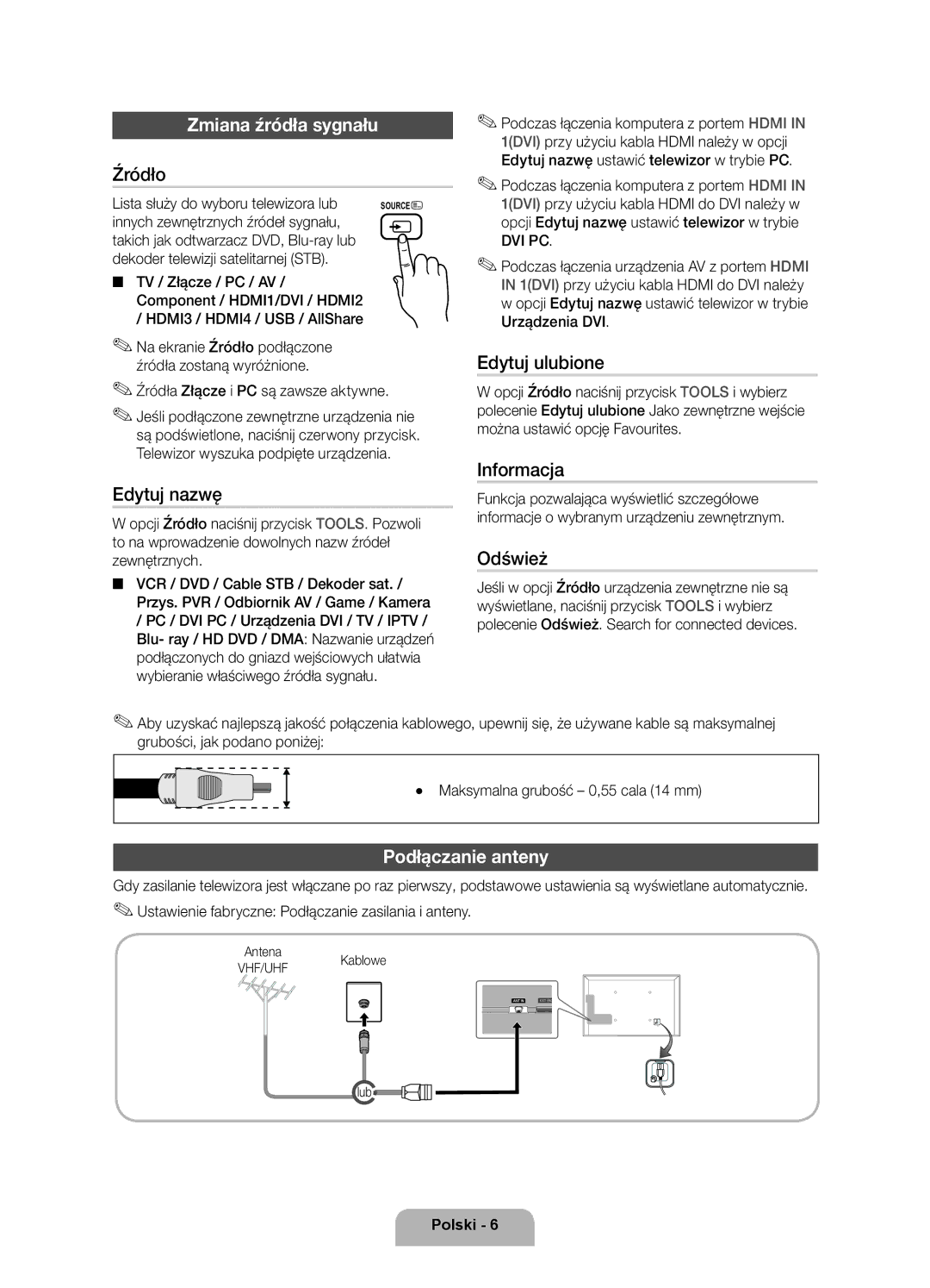 Samsung UE40D6000TWXXH manual Zmiana źródła sygnału, Podłączanie anteny 