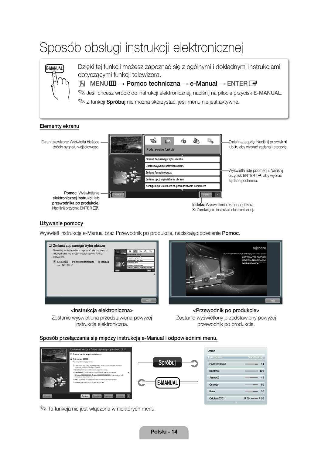 Samsung UE40D6000TWXXH manual MENUm→ Pomoc techniczna → e-Manual → Entere, Ta funkcja nie jest włączona w niektórych menu 