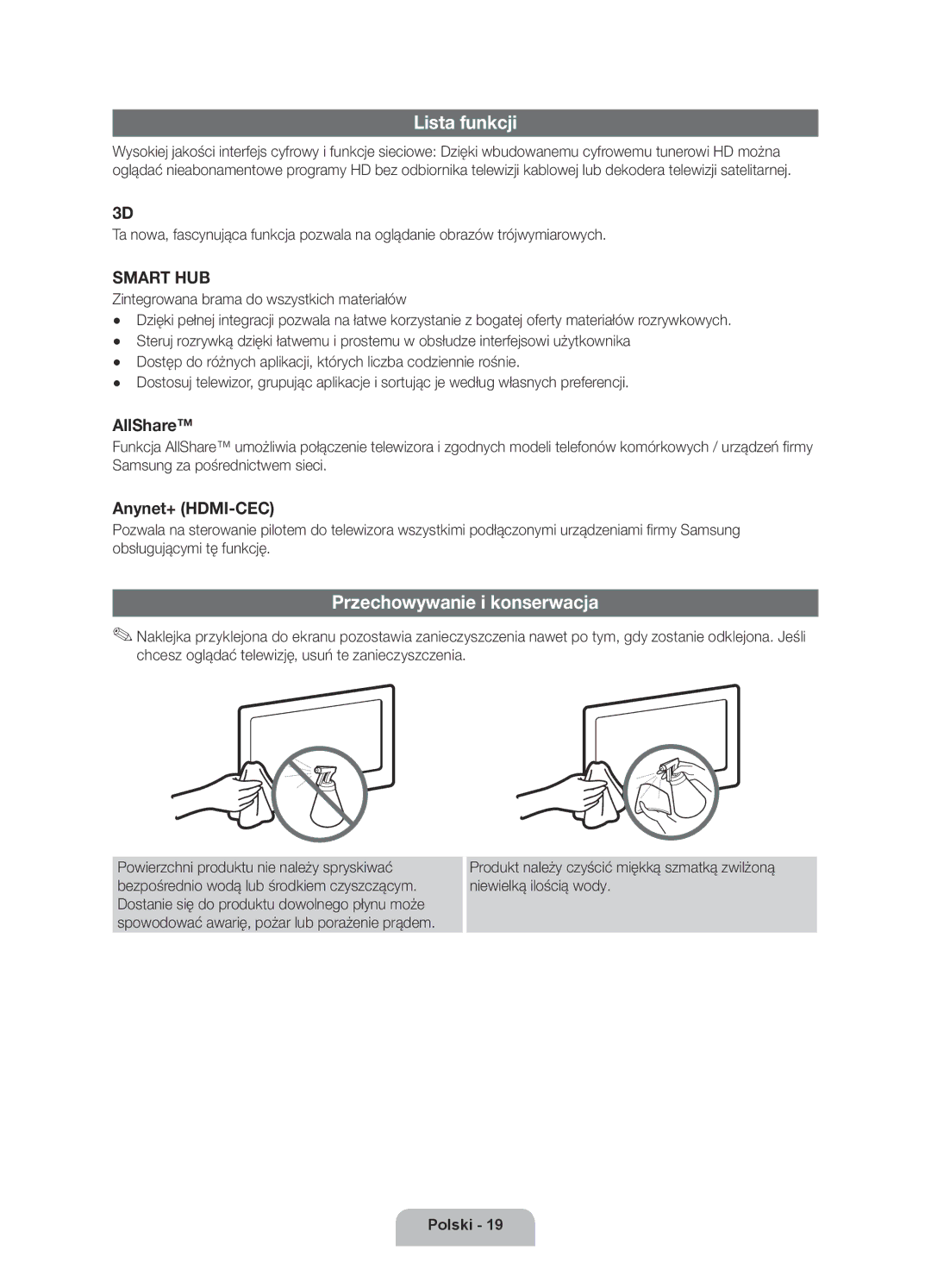 Samsung UE40D6000TWXXH manual Lista funkcji, Przechowywanie i konserwacja 