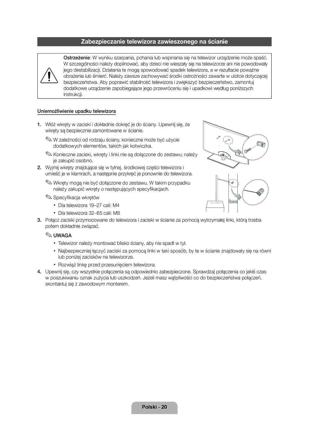 Samsung UE40D6000TWXXH manual Zabezpieczanie telewizora zawieszonego na ścianie, Specyfikacja wkrętów, Ściana 