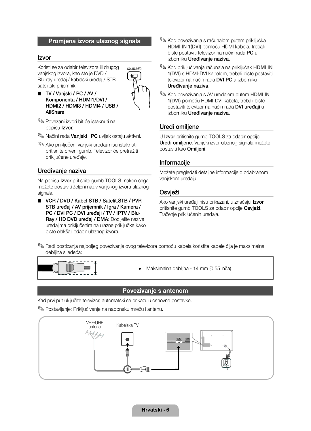 Samsung UE32D6100SWXXH, UE40D6120SWXXH, UE55D6100SWXXH manual Promjena izvora ulaznog signala, Povezivanje s antenom 