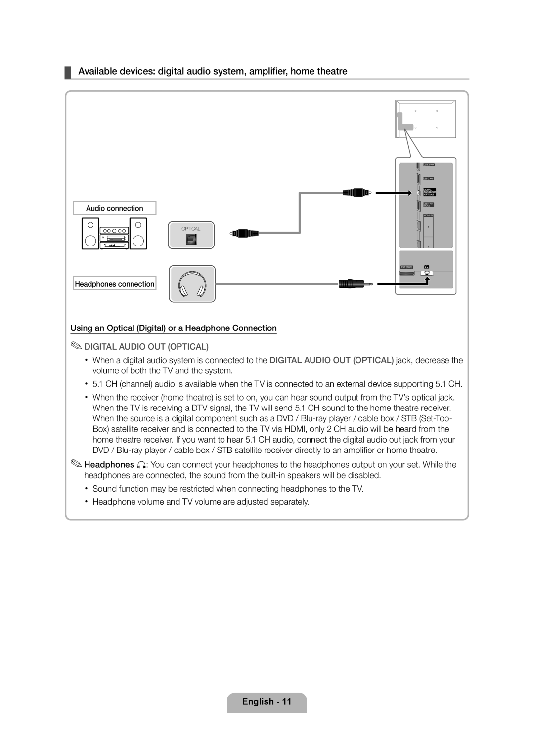 Samsung UE55D6100SWXXH manual Using an Optical Digital or a Headphone Connection, Audio connection, Headphones connection 