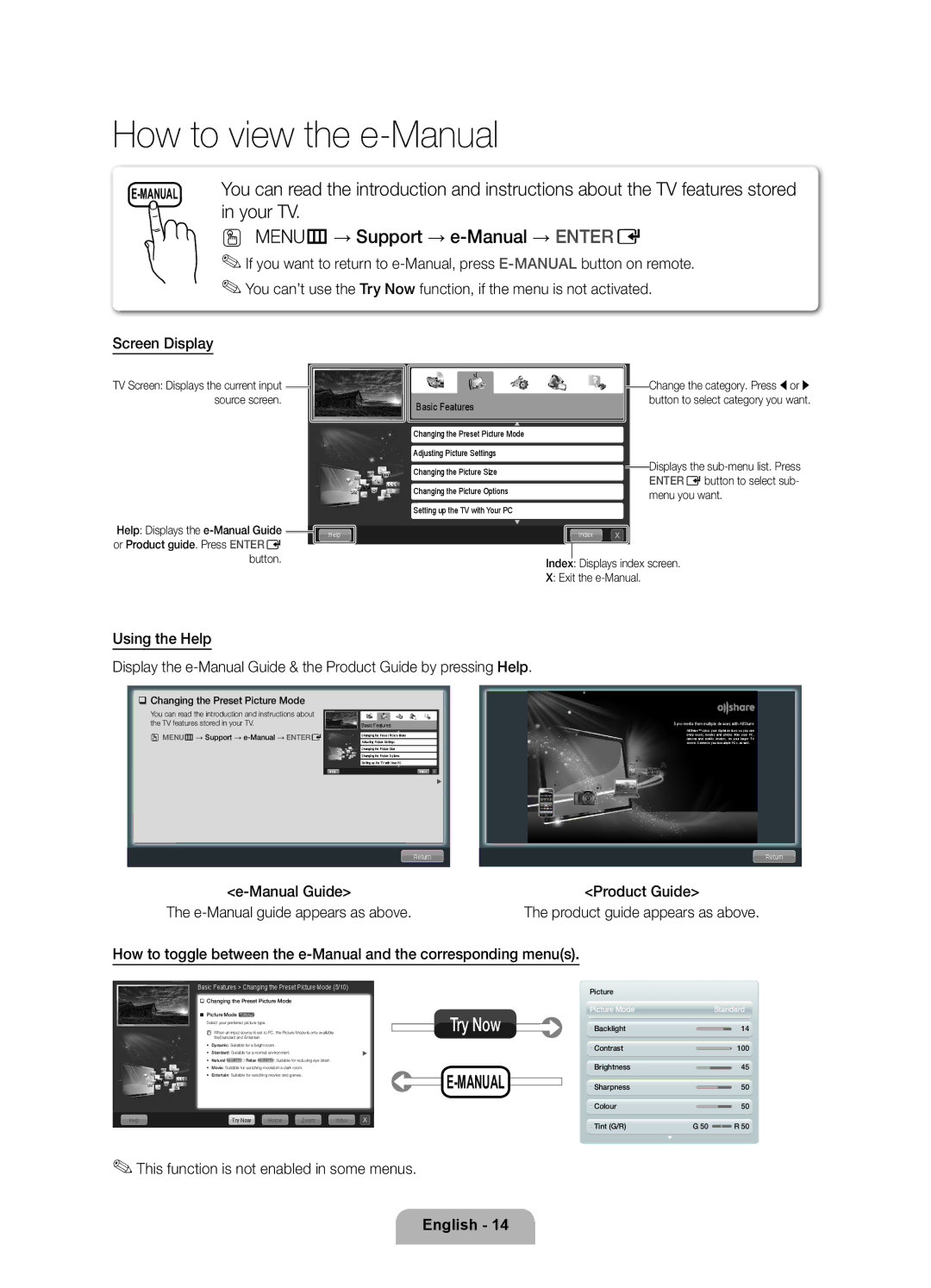 Samsung UE37D6100SWXXH manual MENUm→ Support → e-Manual → Entere, Try Now, This function is not enabled in some menus 