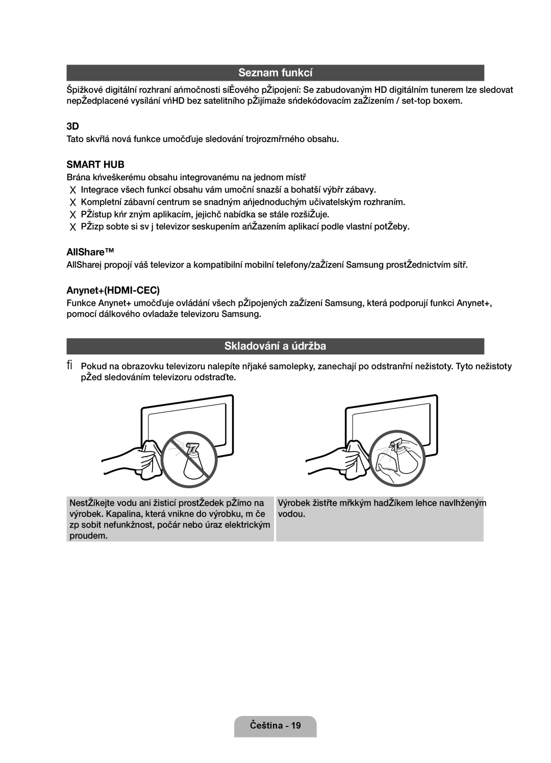 Samsung UE55D6100SWXXH, UE40D6120SWXXH, UE40D6100SWXXH, UE46D6100SWXXH, UE37D6100SWXXH Seznam funkcí, Skladování a údržba 