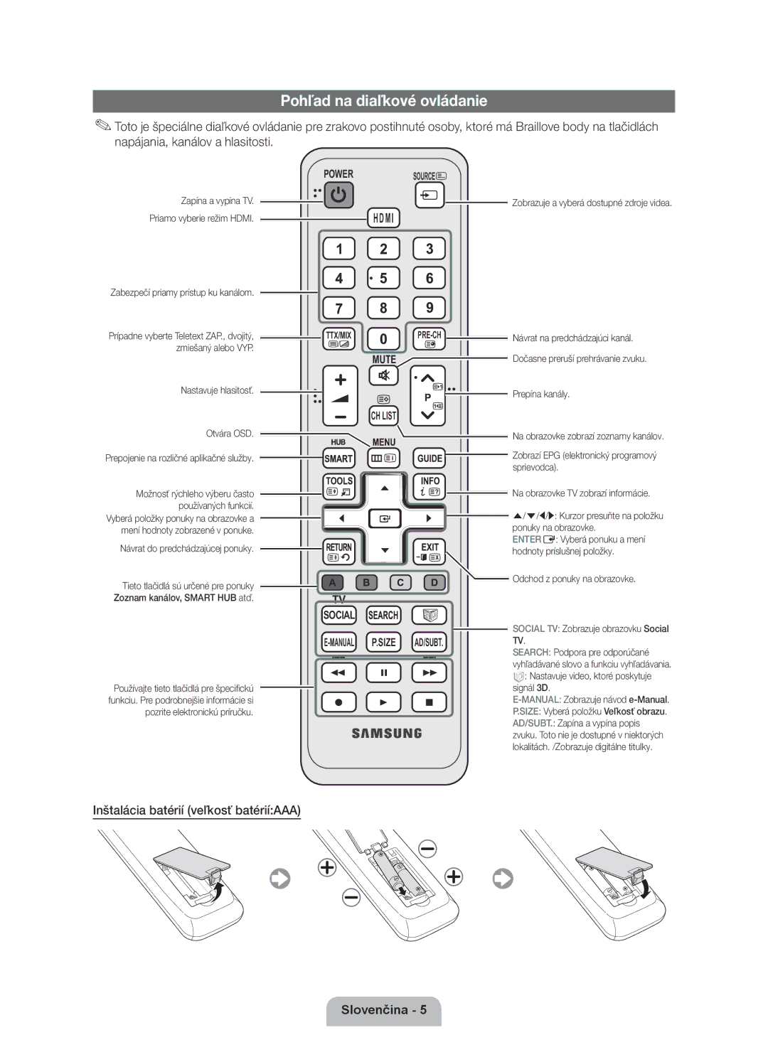 Samsung UE37D6120SWXXH, UE40D6120SWXXH, UE55D6100SWXXH Pohľad na diaľkové ovládanie, Inštalácia batérií veľkosť batériíAAA 