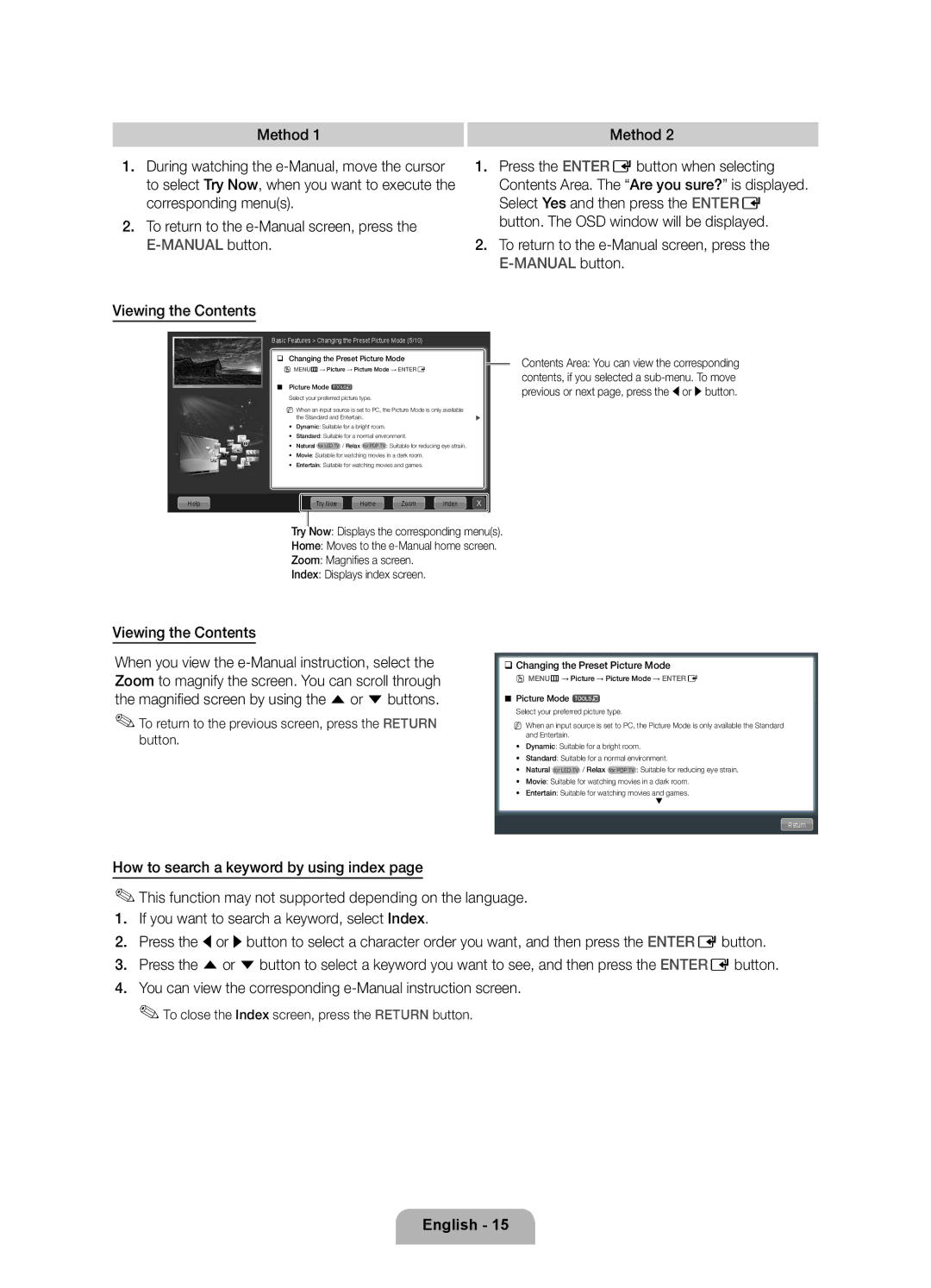 Samsung UE32D6120SWXXH manual To close the Index screen, press the Return button, Try Now Displays the corresponding menus 