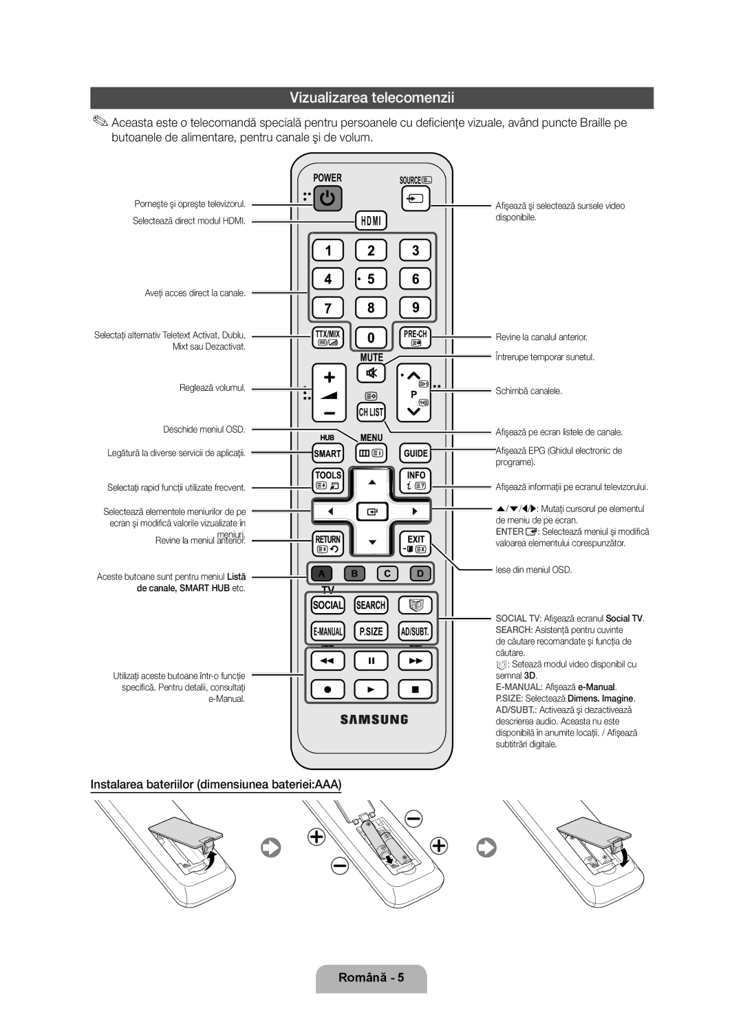 Samsung UE37D6120SWXXH, UE40D6120SWXXH manual Vizualizarea telecomenzii, Instalarea bateriilor dimensiunea baterieiAAA 