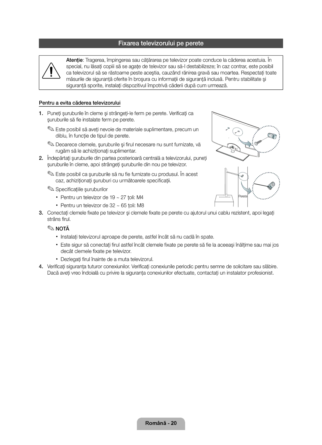 Samsung UE40D6100SWXXH, UE40D6120SWXXH, UE55D6100SWXXH, UE46D6100SWXXH manual Fixarea televizorului pe perete, Perete 