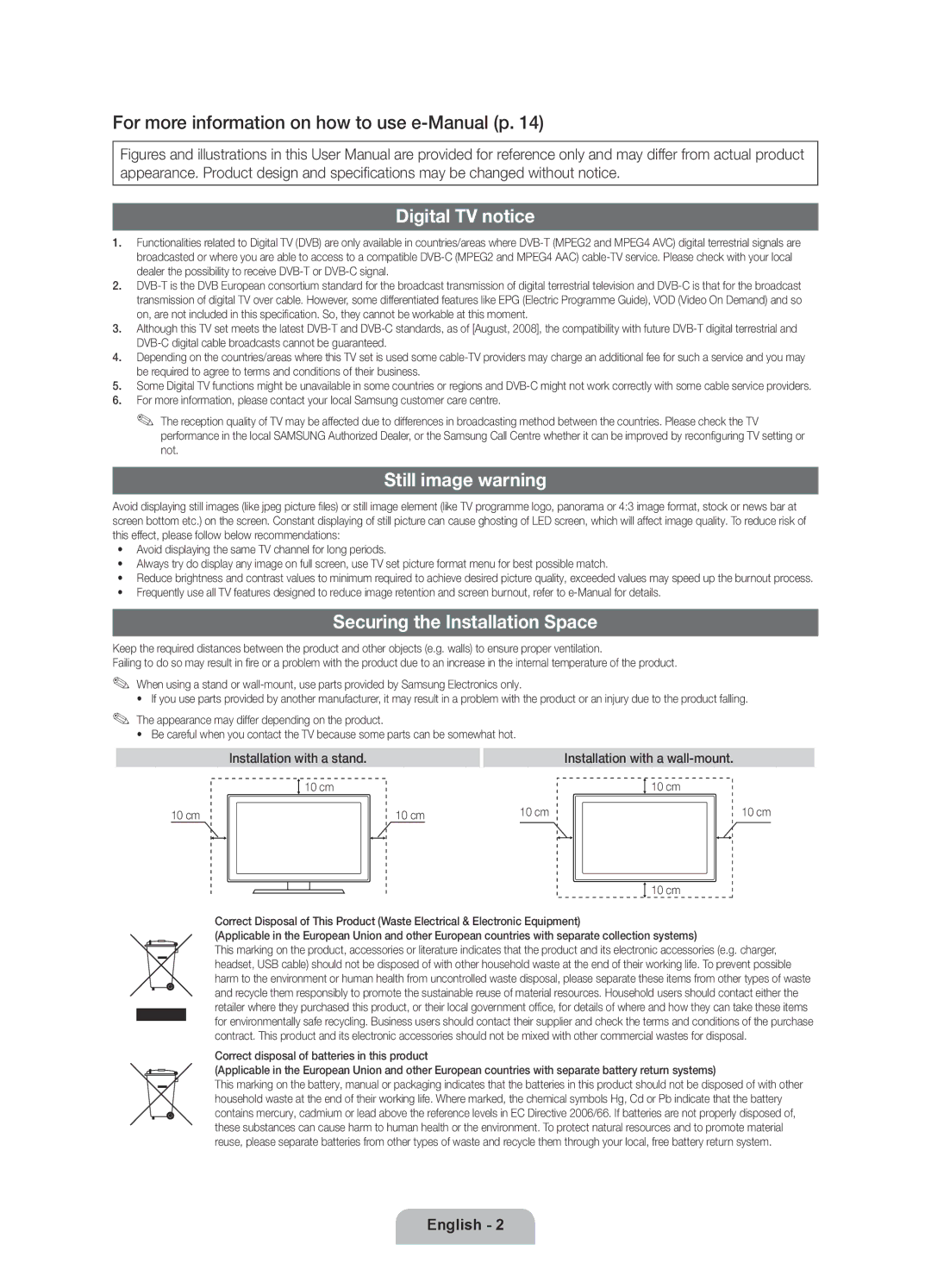 Samsung UE40D6100SWXXH manual For more information on how to use e-Manual p, Digital TV notice, Still image warning 