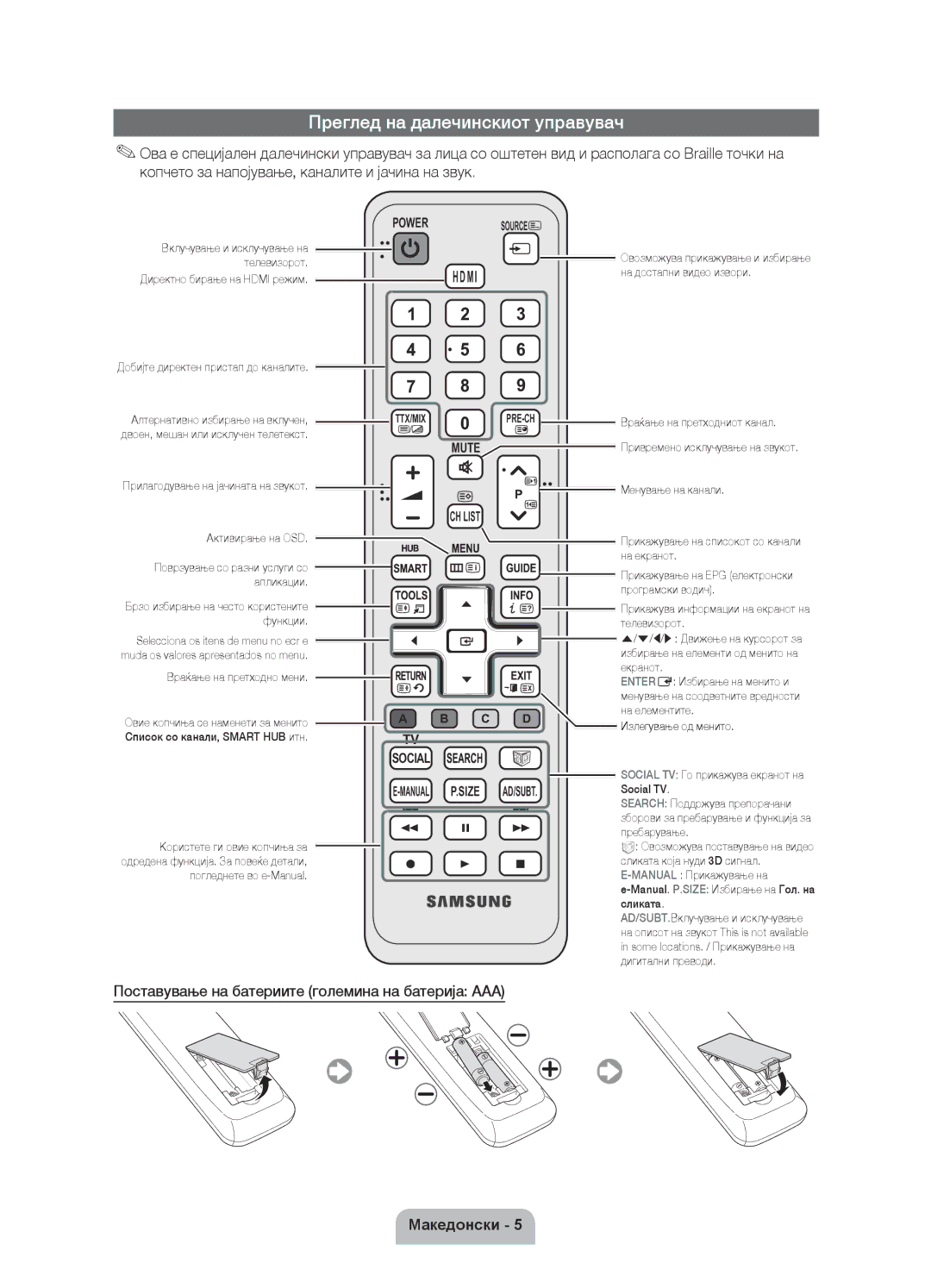 Samsung UE37D6120SWXXH manual Преглед на далечинскиот управувач, Поставување на батериите големина на батерија AAA 