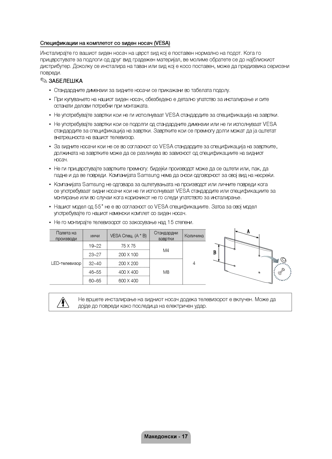 Samsung UE55D6120SWXXH, UE40D6120SWXXH, UE55D6100SWXXH manual Палета на Инчи, Стандардни, Vesa Спец. a * B, Количина 