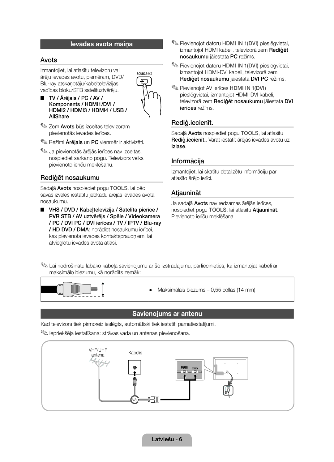 Samsung UE32D6100SWXXH, UE40D6120SWXXH, UE55D6100SWXXH, UE40D6100SWXXH manual Ievades avota maiņa, Savienojums ar antenu 