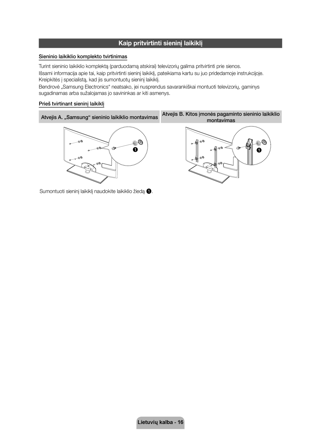 Samsung UE32D6100SWXXH, UE40D6120SWXXH, UE55D6100SWXXH, UE40D6100SWXXH, UE46D6100SWXXH Kaip pritvirtinti sieninį laikiklį 