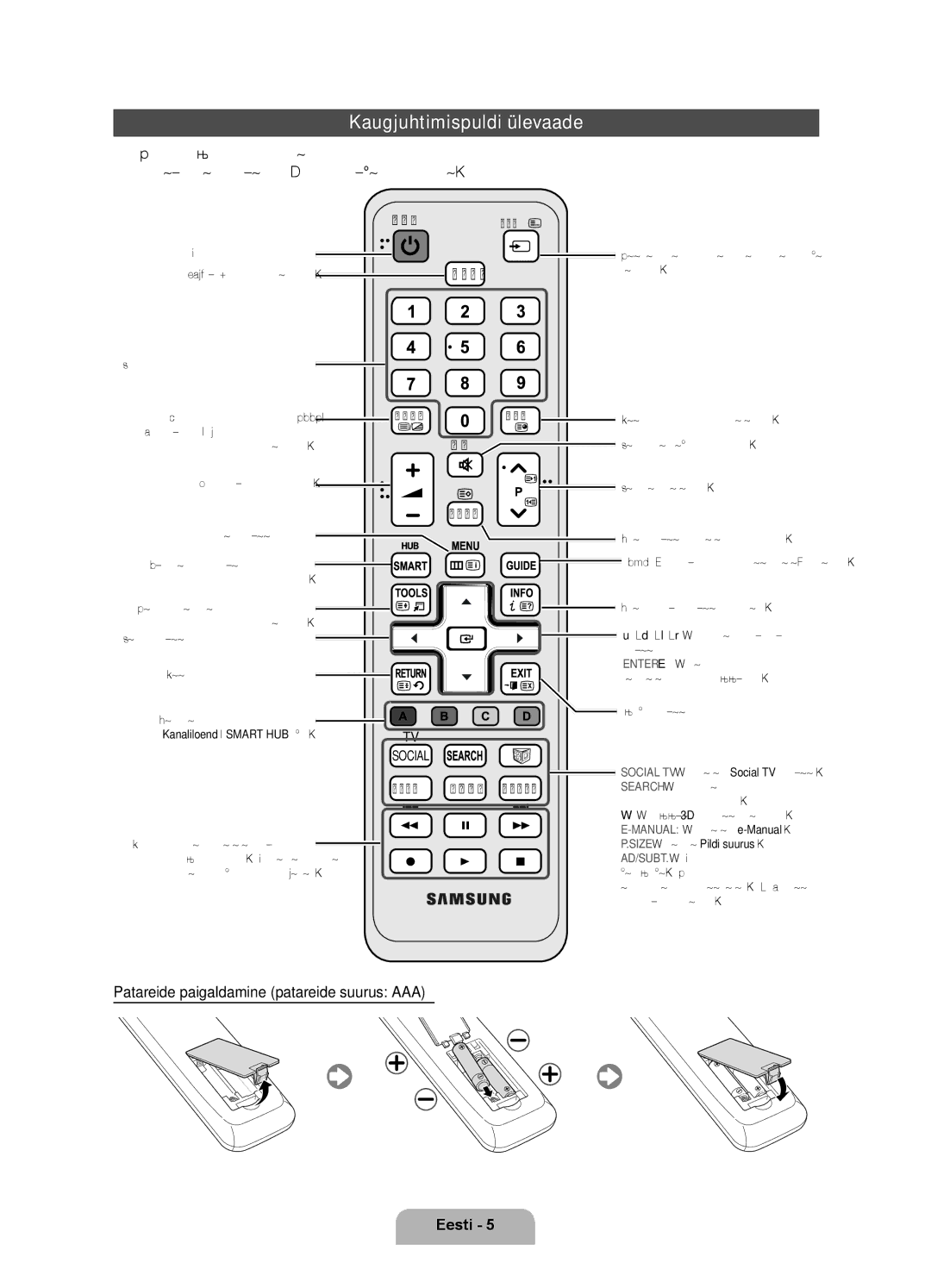 Samsung UE37D6120SWXXH, UE40D6120SWXXH Kaugjuhtimispuldi ülevaade, Patareide paigaldamine patareide suurus AAA, Valimine 