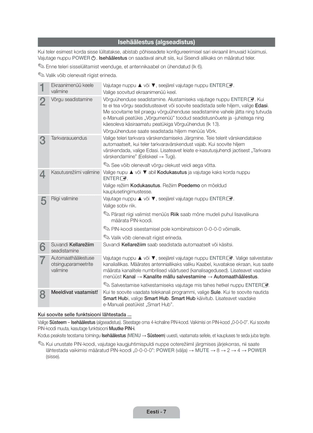 Samsung UE55D6120SWXXH manual Isehäälestus algseadistus, Võrgu seadistamine Tarkvarauuendus, Kasutusrežiimi valimine 