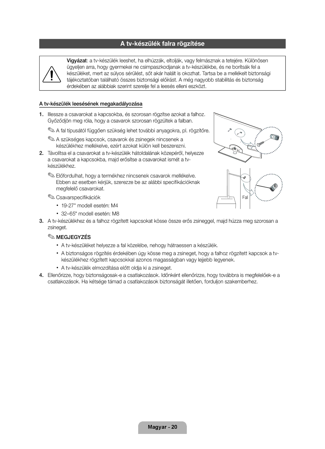 Samsung UE40D6100SWXXH, UE40D6120SWXXH manual Tv-készülék falra rögzítése, Tv-készülék leesésének megakadályozása, Fal 