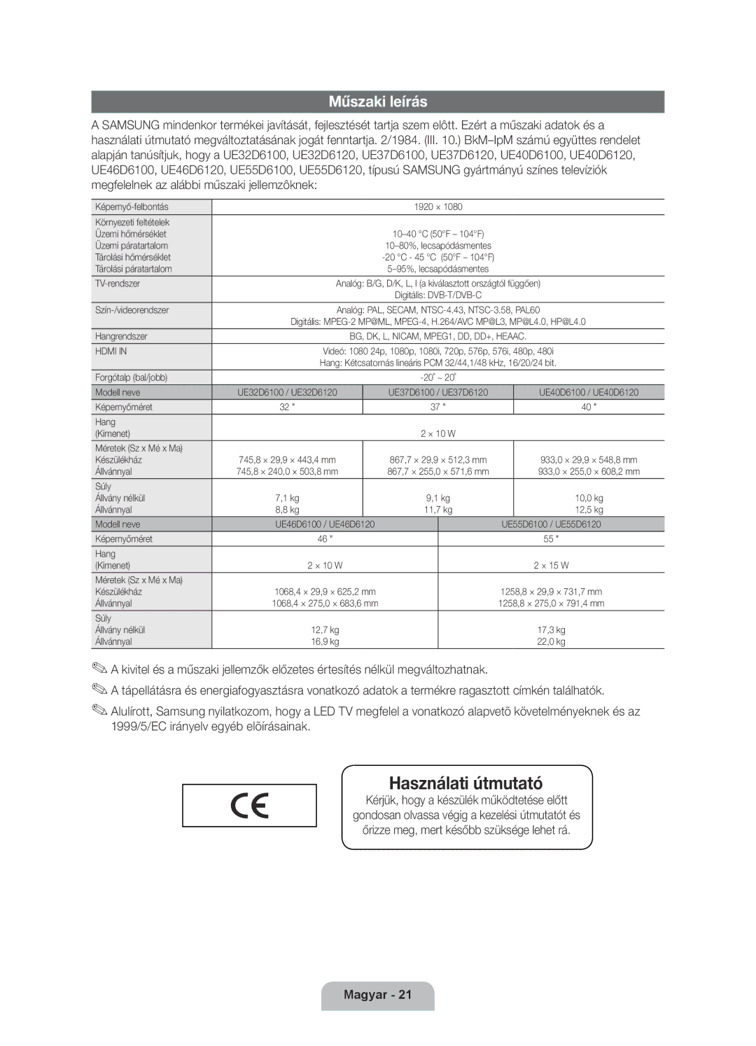 Samsung UE46D6100SWXXH, UE40D6120SWXXH, UE55D6100SWXXH manual Műszaki leírás, Kérjük, hogy a készülék működtetése előtt 