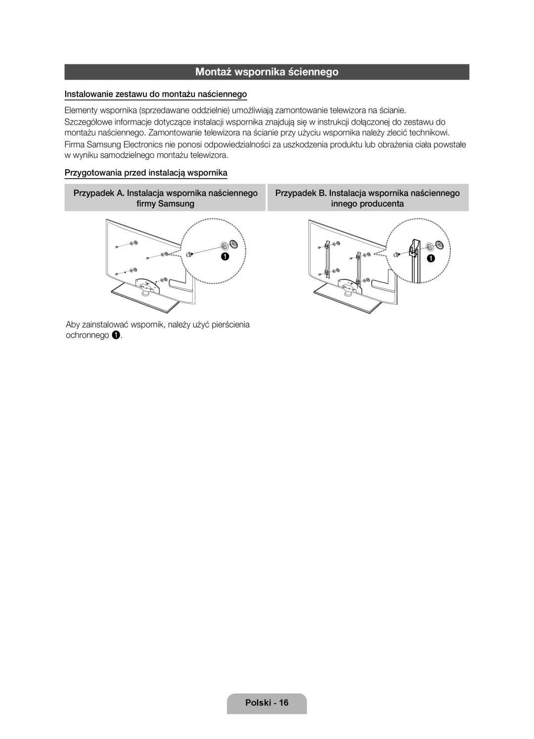 Samsung UE32D6100SWXXH, UE40D6120SWXXH, UE55D6100SWXXH, UE40D6100SWXXH, UE46D6100SWXXH manual Montaż wspornika ściennego 