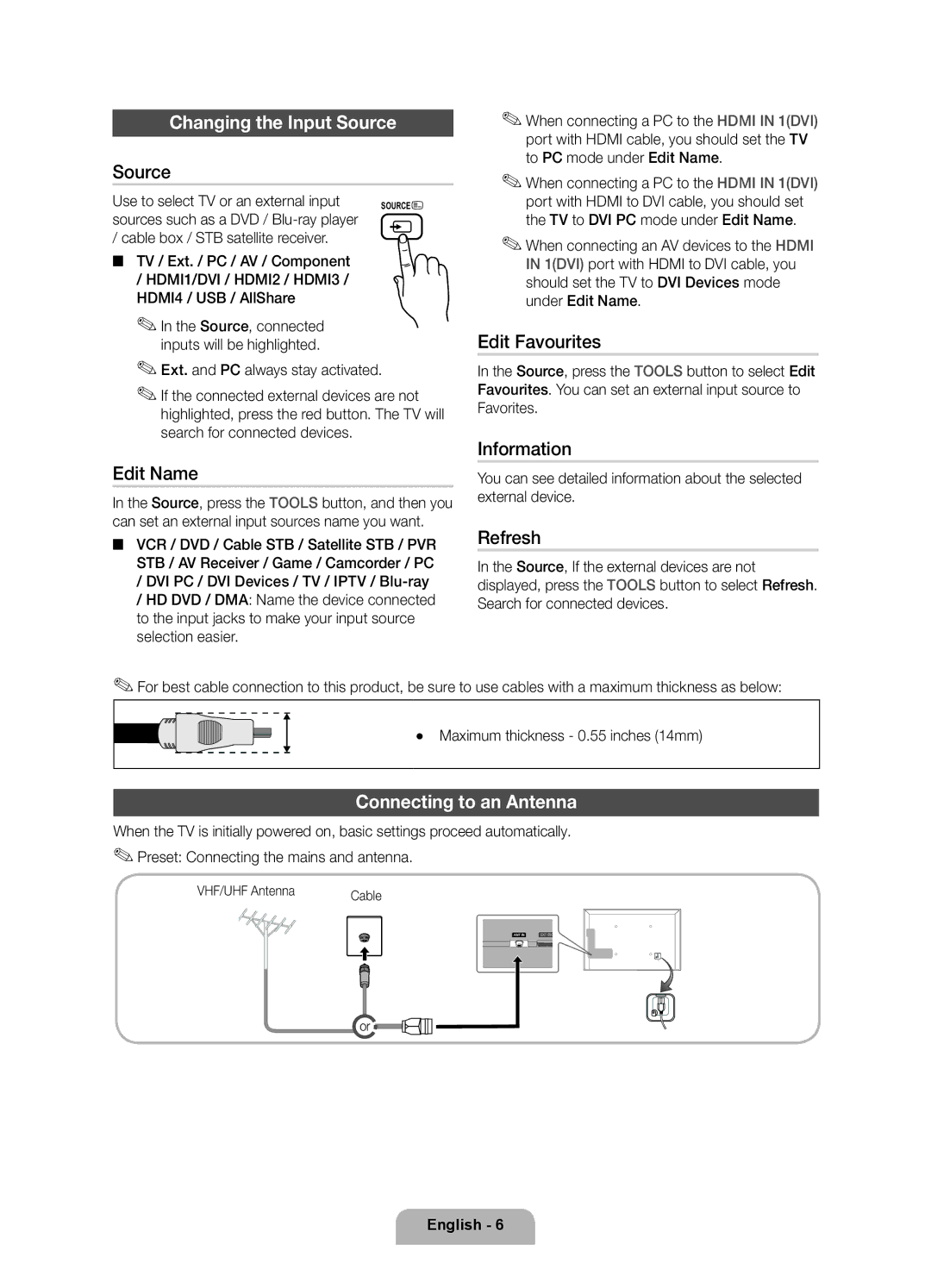 Samsung UE46D6120SWXXH, UE40D6120SWXXH, UE55D6100SWXXH, UE40D6100SWXXH Changing the Input Source, Connecting to an Antenna 