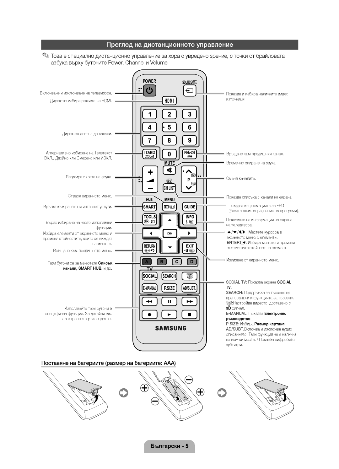 Samsung UE37D6120SWXXH manual Преглед на дистанционното управление, Поставяне на батериите размер на батериите AAA 