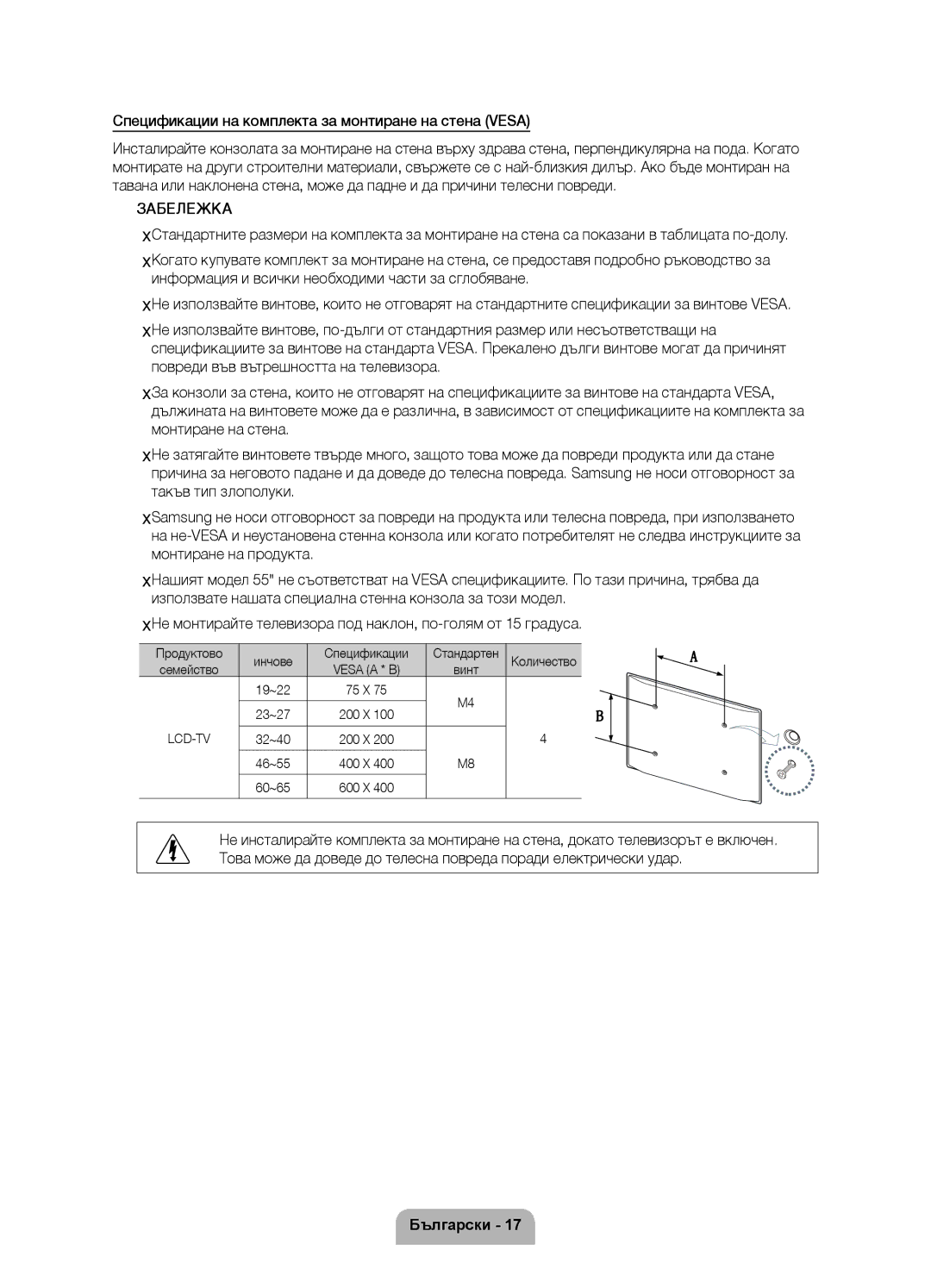 Samsung UE55D6120SWXXH manual Спецификации на комплекта за монтиране на стена Vesa, Продуктово Инчове Спецификации 