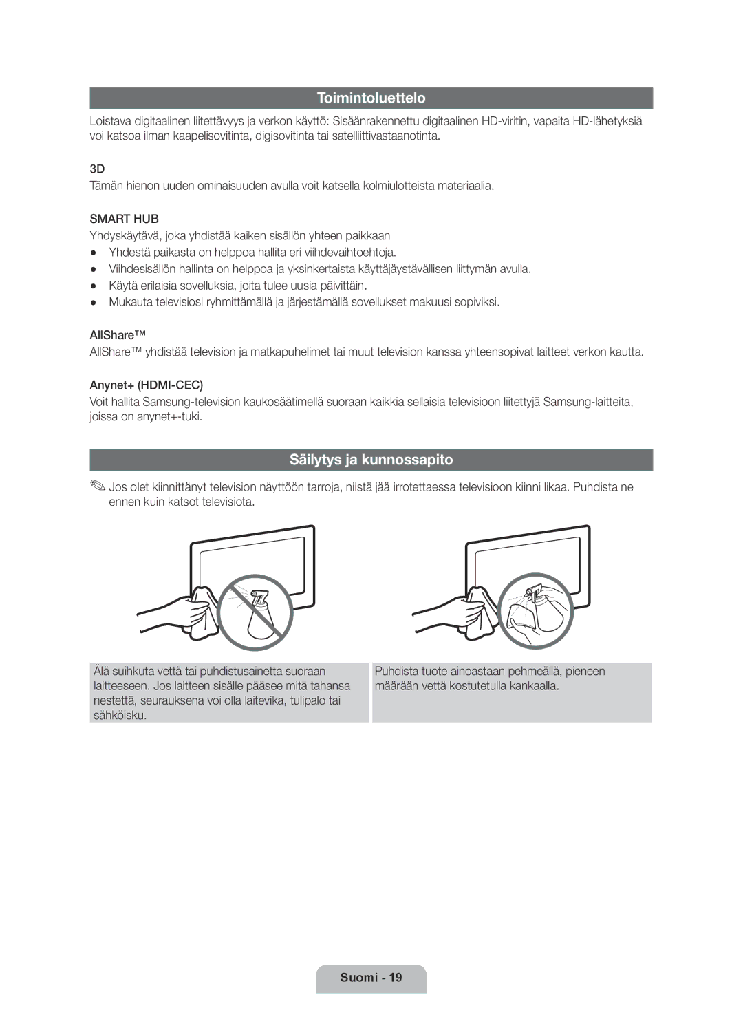 Samsung UE46D6207TKXXE, UE40D6207TKXXE, UE55D6207TKXXE, UE32D6207TKXXE manual Toimintoluettelo, Säilytys ja kunnossapito 