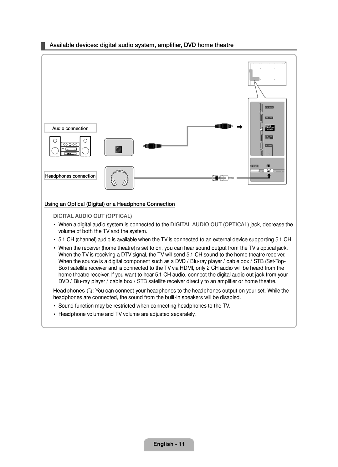 Samsung UE32D6207TKXXE, UE40D6207TKXXE manual Using an Optical Digital or a Headphone Connection, Digital Audio OUT Optical 