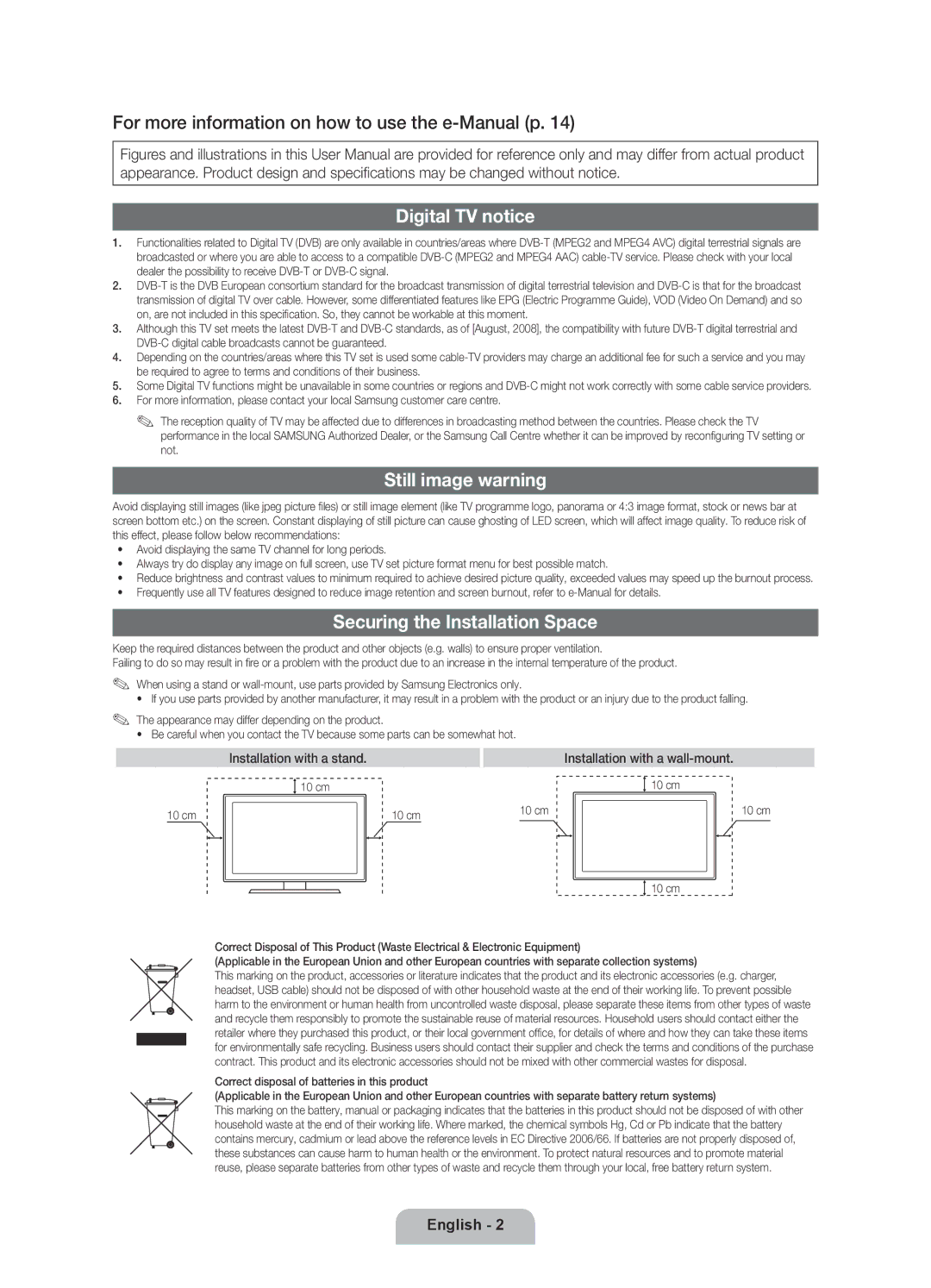 Samsung UE55D6207TKXXE For more information on how to use the e-Manual p, Digital TV notice, Still image warning, 10 cm 