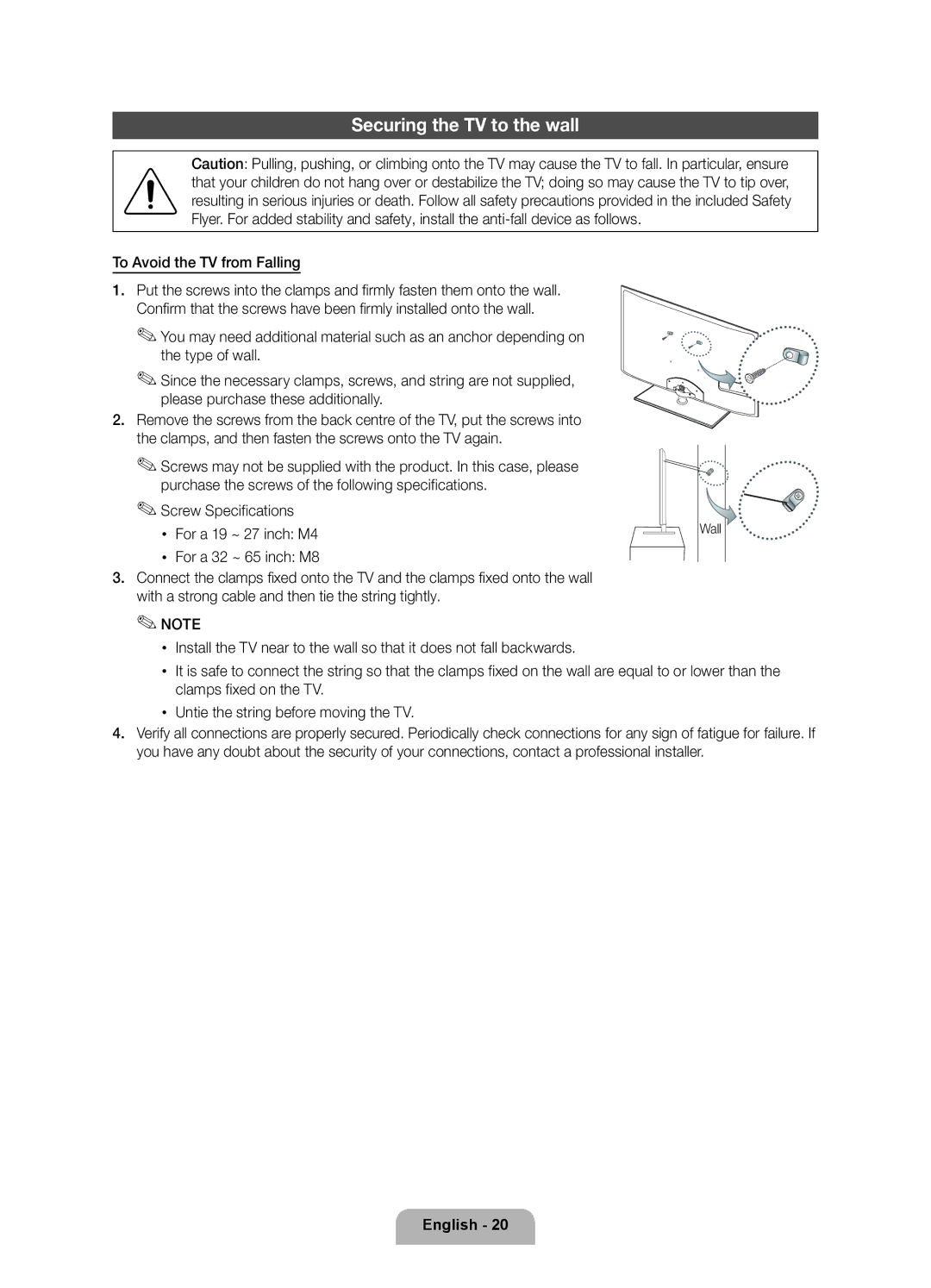 Samsung UE40D6207TKXXE, UE46D6207TKXXE, UE55D6207TKXXE, UE32D6207TKXXE manual Securing the TV to the wall, Wall 