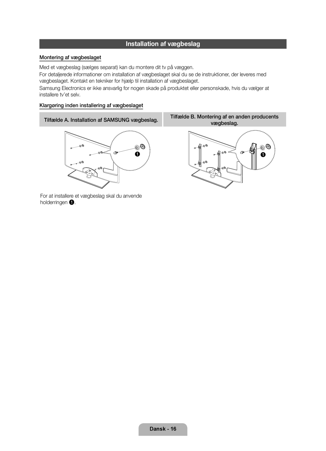 Samsung UE55D6207TKXXE, UE40D6207TKXXE, UE46D6207TKXXE, UE32D6207TKXXE manual Installation af vægbeslag 