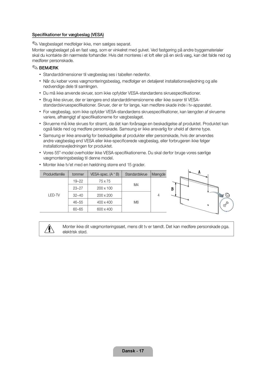 Samsung UE32D6207TKXXE, UE40D6207TKXXE, UE46D6207TKXXE, UE55D6207TKXXE manual Produktfamilie Tommer, Mængde 