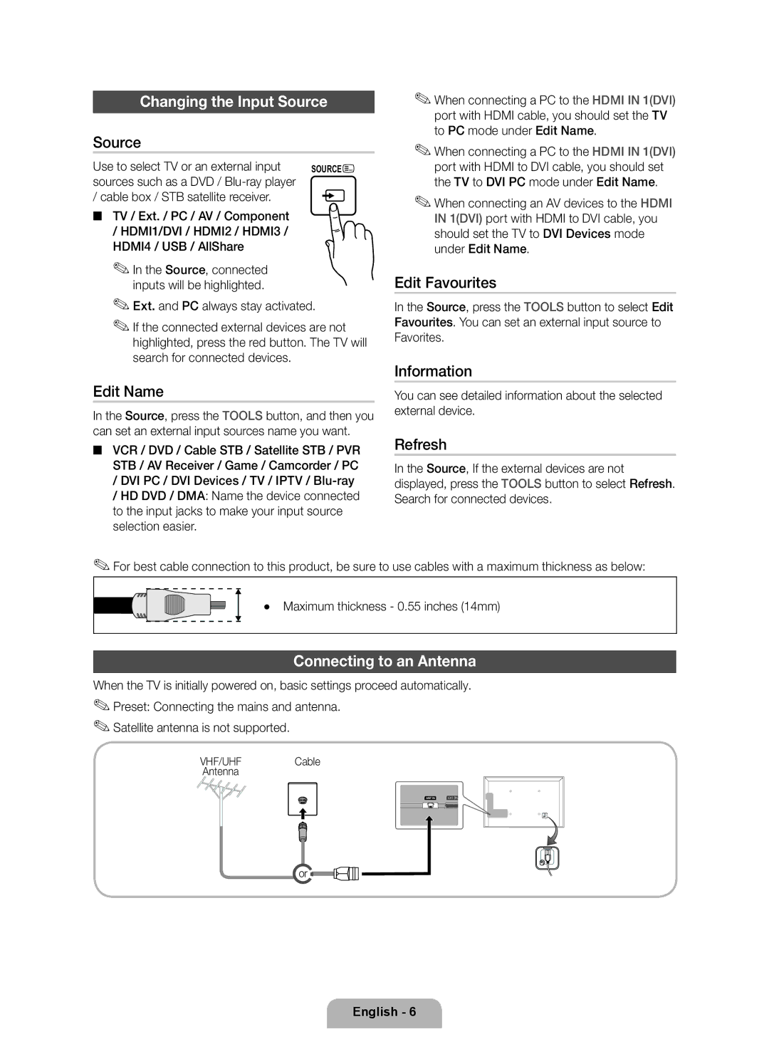 Samsung UE55D6207TKXXE, UE40D6207TKXXE, UE46D6207TKXXE, UE32D6207TKXXE Changing the Input Source, Connecting to an Antenna 