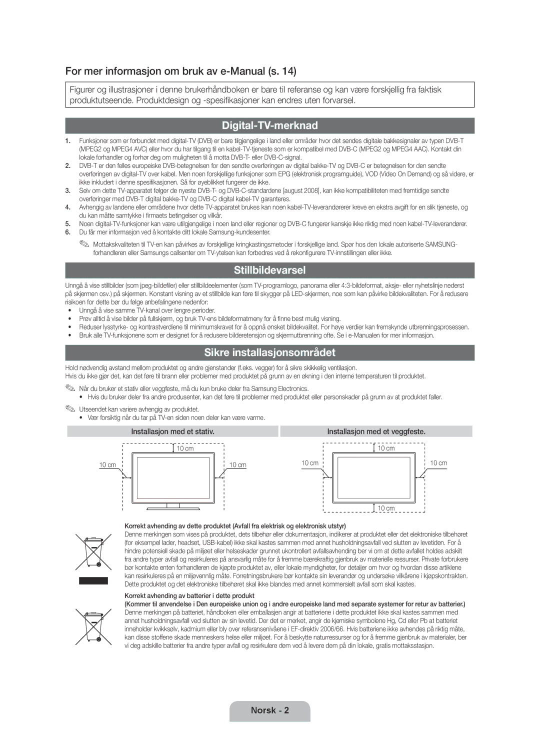 Samsung UE40D6207TKXXE, UE46D6207TKXXE For mer informasjon om bruk av e-Manual s, Digital-TV-merknad, Stillbildevarsel 