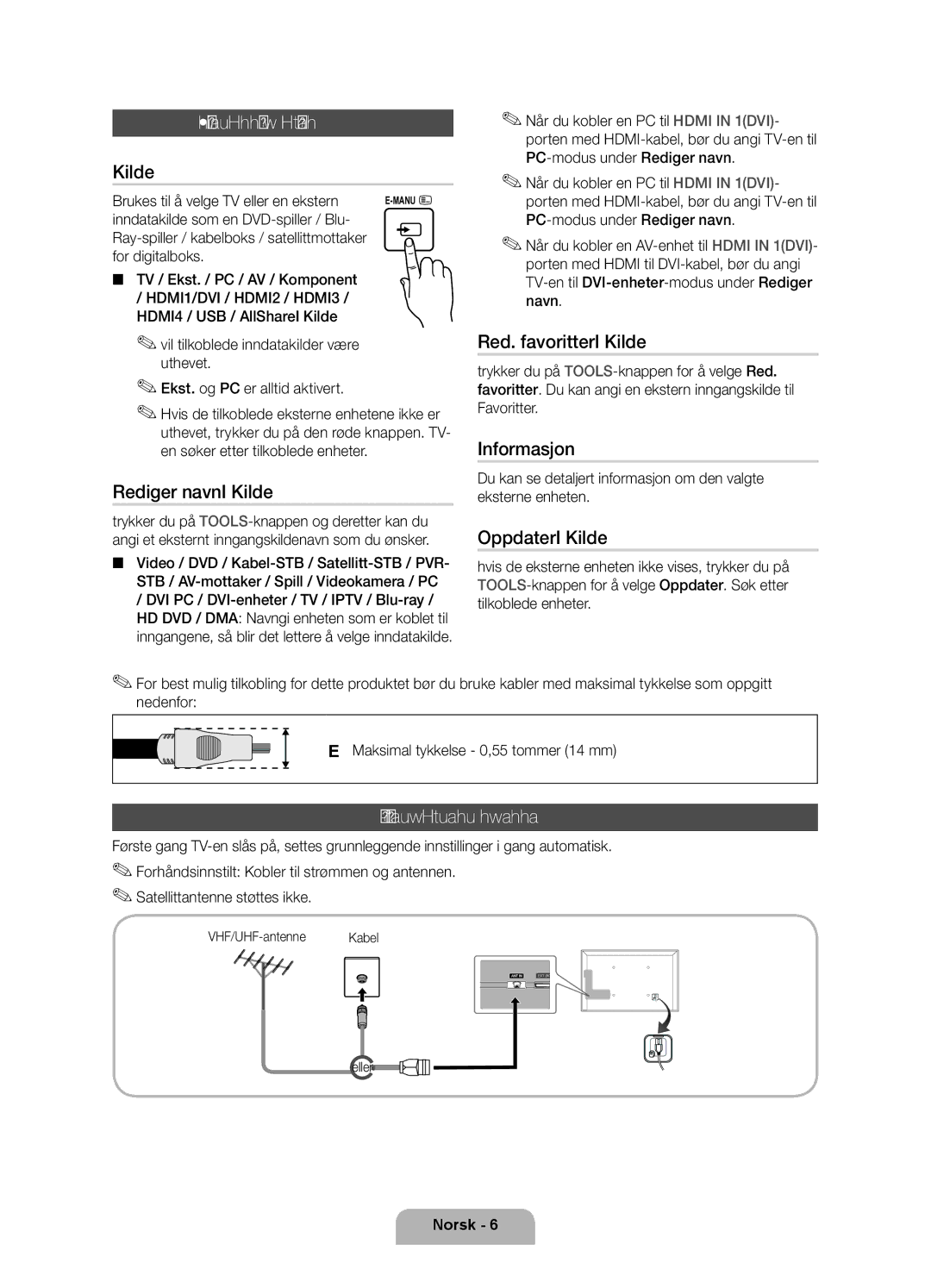 Samsung UE40D6207TKXXE, UE46D6207TKXXE, UE55D6207TKXXE, UE32D6207TKXXE manual Endre inndatakilden, Koble til en antenne 