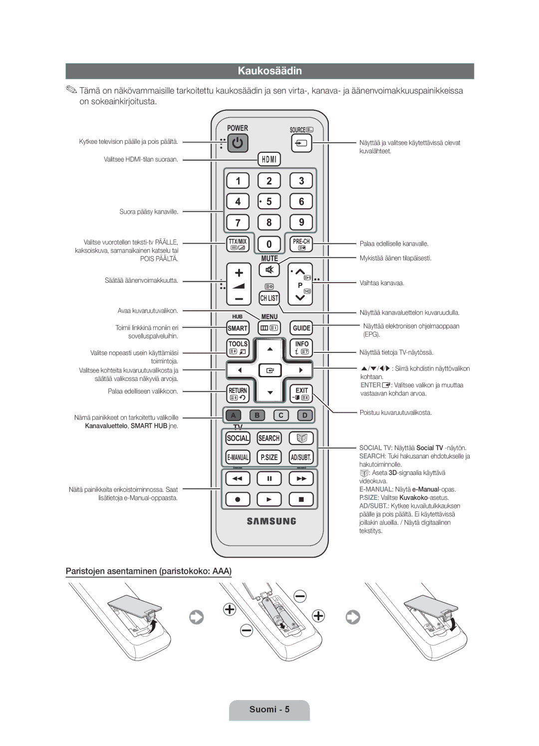 Samsung UE32D6207TKXXE, UE40D6207TKXXE, UE46D6207TKXXE, UE55D6207TKXXE Kaukosäädin, Paristojen asentaminen paristokoko AAA 