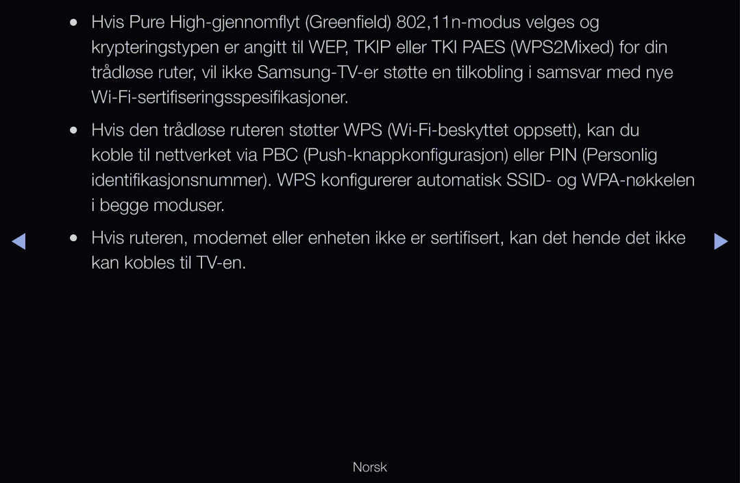 Samsung UE40D6207TKXXE, UE40D6500VHXXC, UE40D6535WSXXE manual Wi-Fi-sertifiseringsspesifikasjoner, Kan kobles til TV-en 