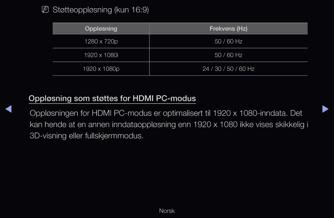 Samsung UE46D6577WKXXE, UE40D6500VHXXC, UE40D6207TKXXE manual NN Støtteoppløsning kun, 3D-visning eller fullskjermmodus 