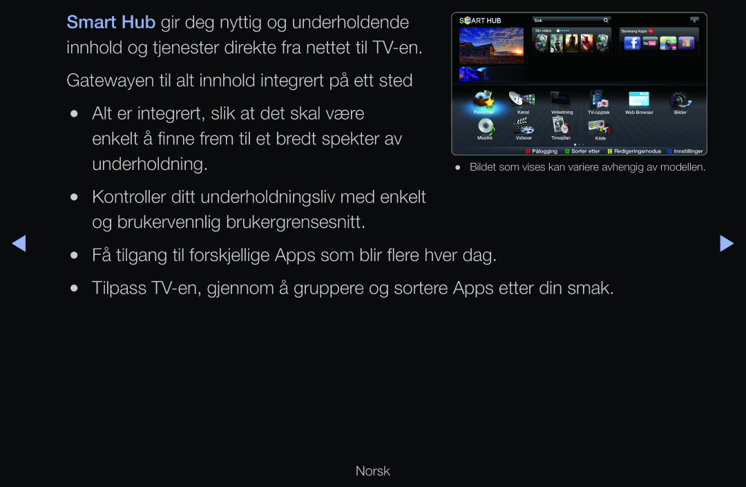 Samsung UE55D6505VSXXE manual Smart Hub gir deg nyttig og underholdende, Enkelt å finne frem til et bredt spekter av 