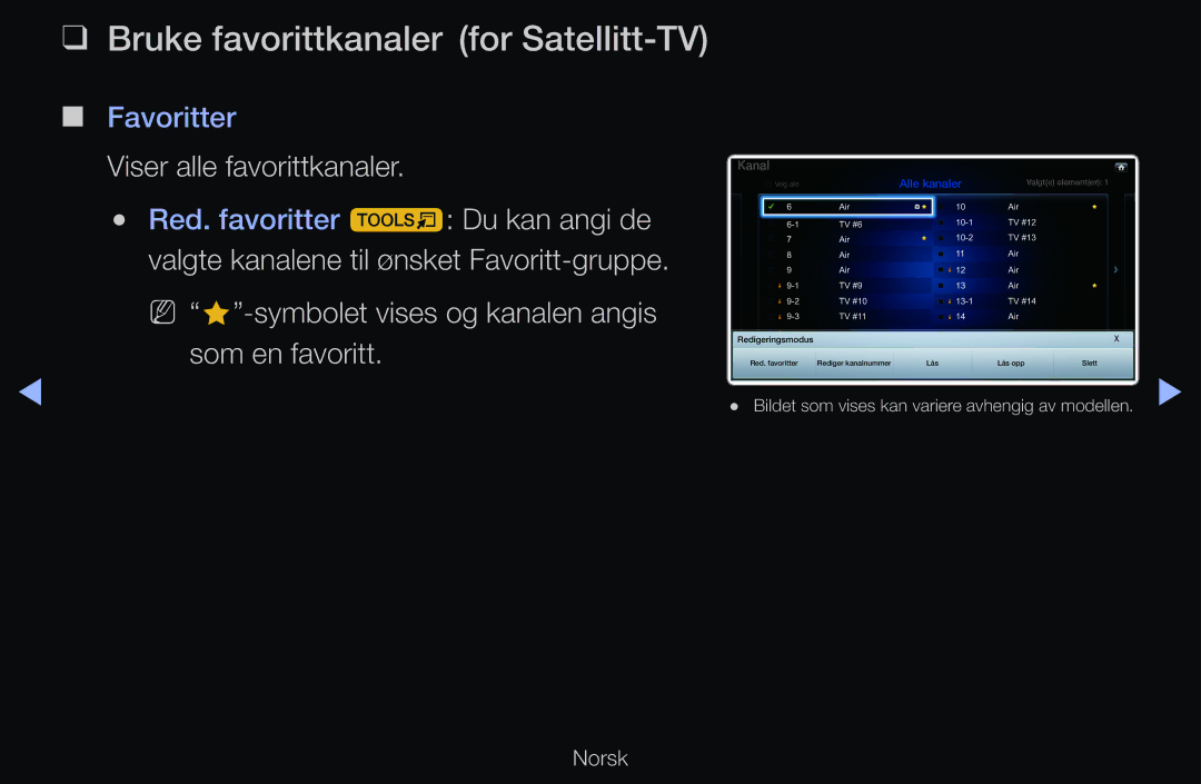 Samsung UE37D6325SSXXE, UE40D6500VHXXC, UE40D6207TKXXE, UE40D6535WSXXE manual Bruke favorittkanaler for Satellitt-TV, Kanal 