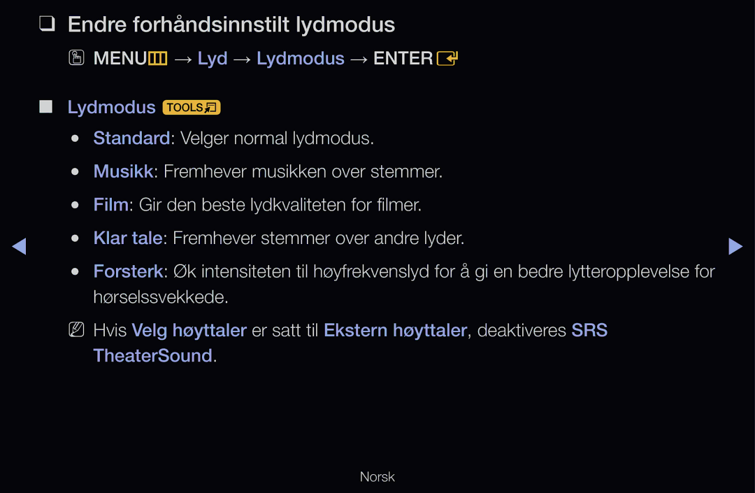 Samsung UE40D6575WSXXE manual Endre forhåndsinnstilt lydmodus, OO MENUm → Lyd → Lydmodus → Entere, Hørselssvekkede 