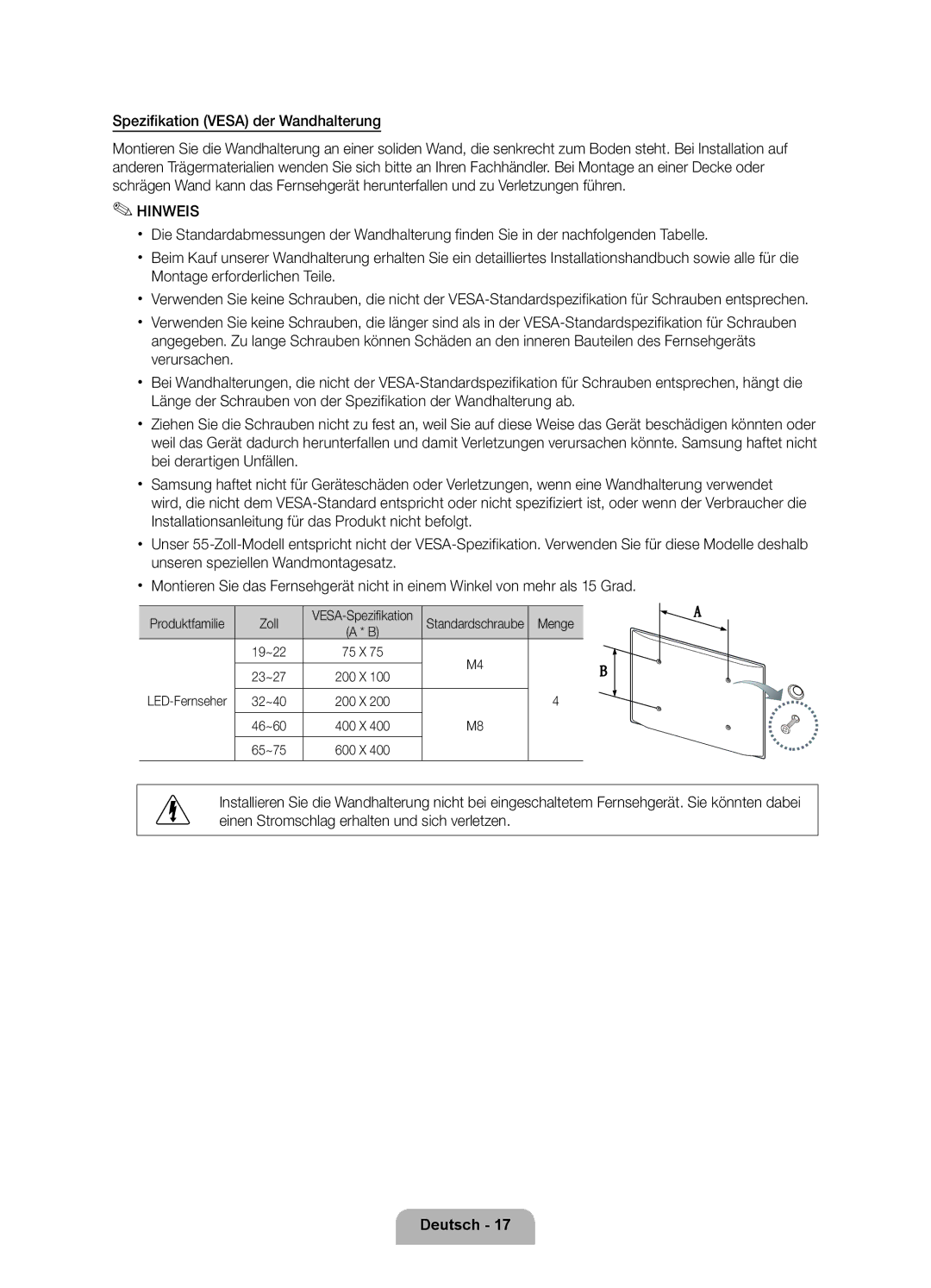 Samsung UE40D6570WSXXH Spezifikation Vesa der Wandhalterung, VESA-Spezifikation Standardschraube, 19~22 75 X 23~27 200 X 