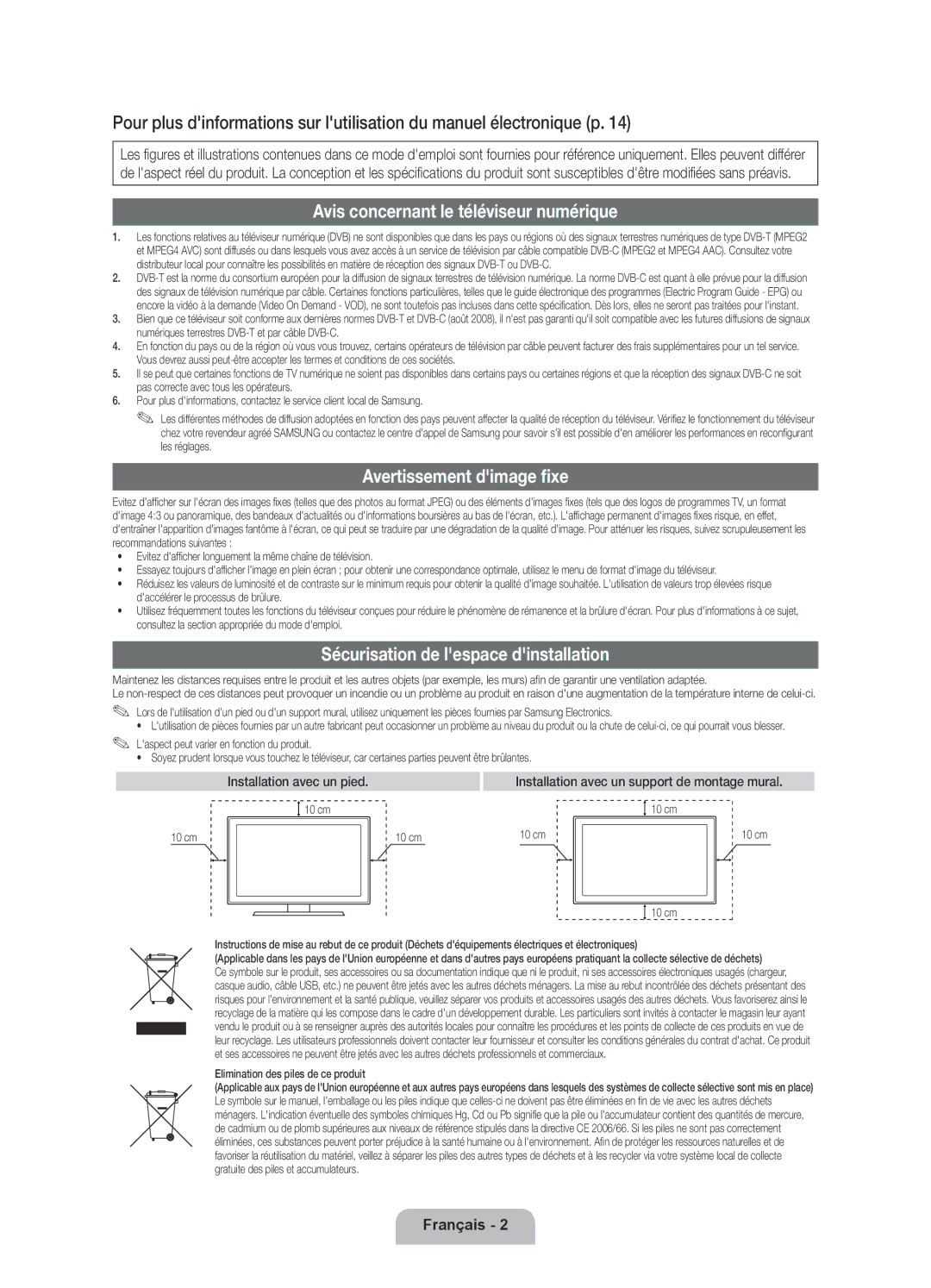 Samsung UE32D6530WSXZG, UE40D6530WSXZG, UE40D6530WSXXN Avis concernant le téléviseur numérique, Avertissement dimage fixe 