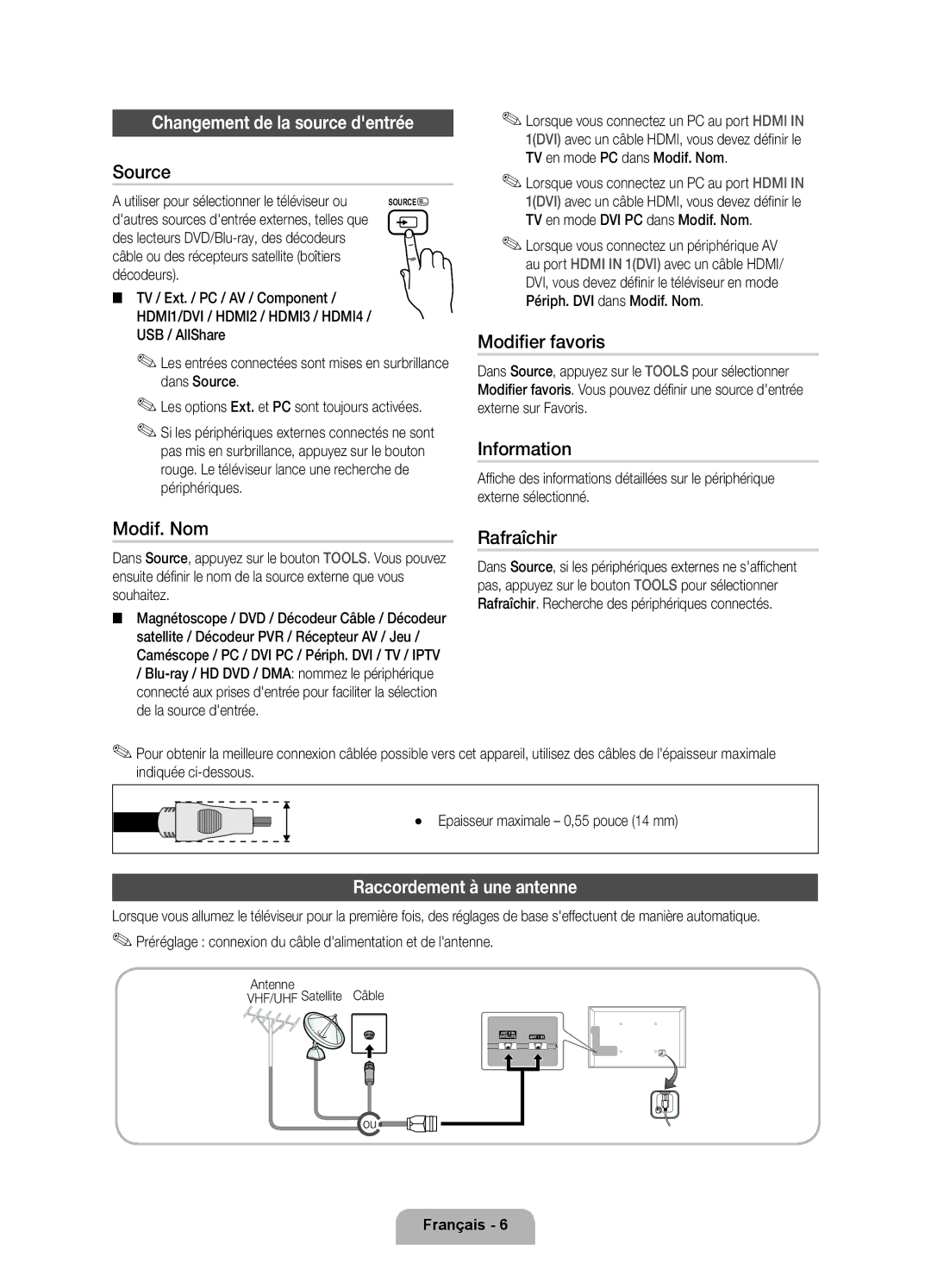 Samsung UE55D6530WSXZF, UE40D6530WSXZG manual Changement de la source dentrée, Modifier favoris, Modif. Nom, Rafraîchir 